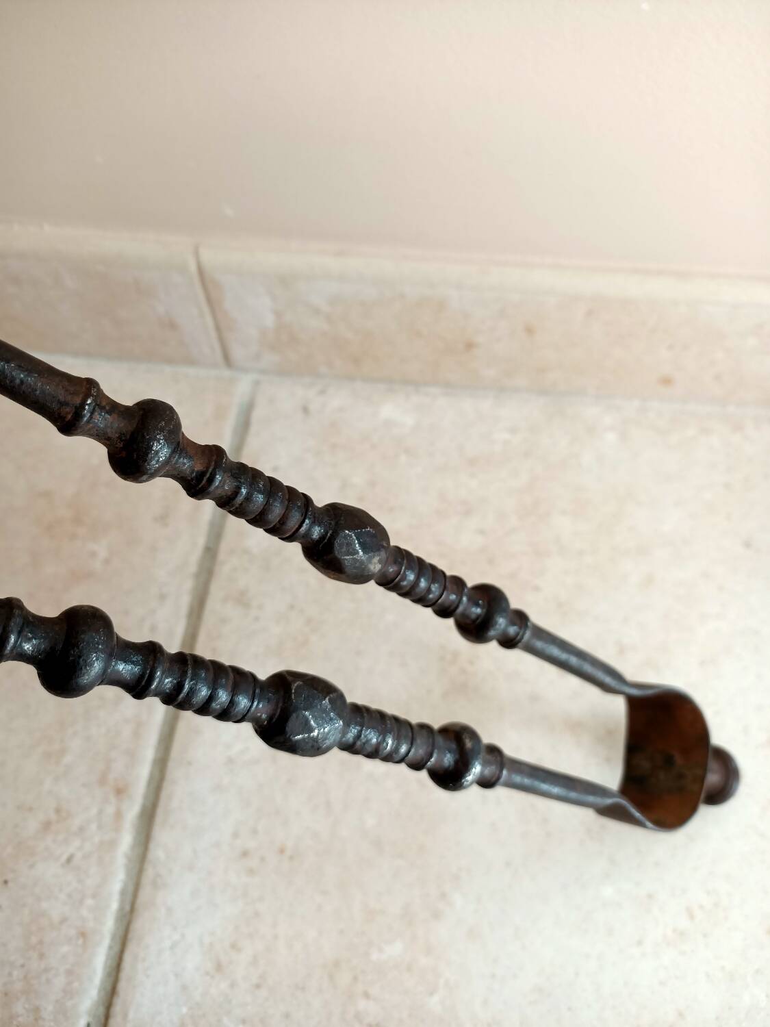 18th century fireplace tongs in wrought iron