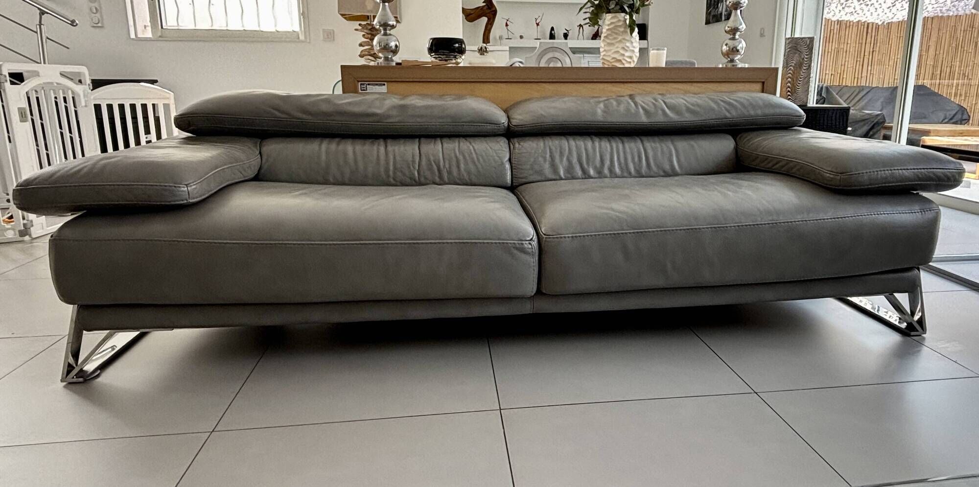 Roche bobois canapé digital - grey leather - 3 seats - 238 cm