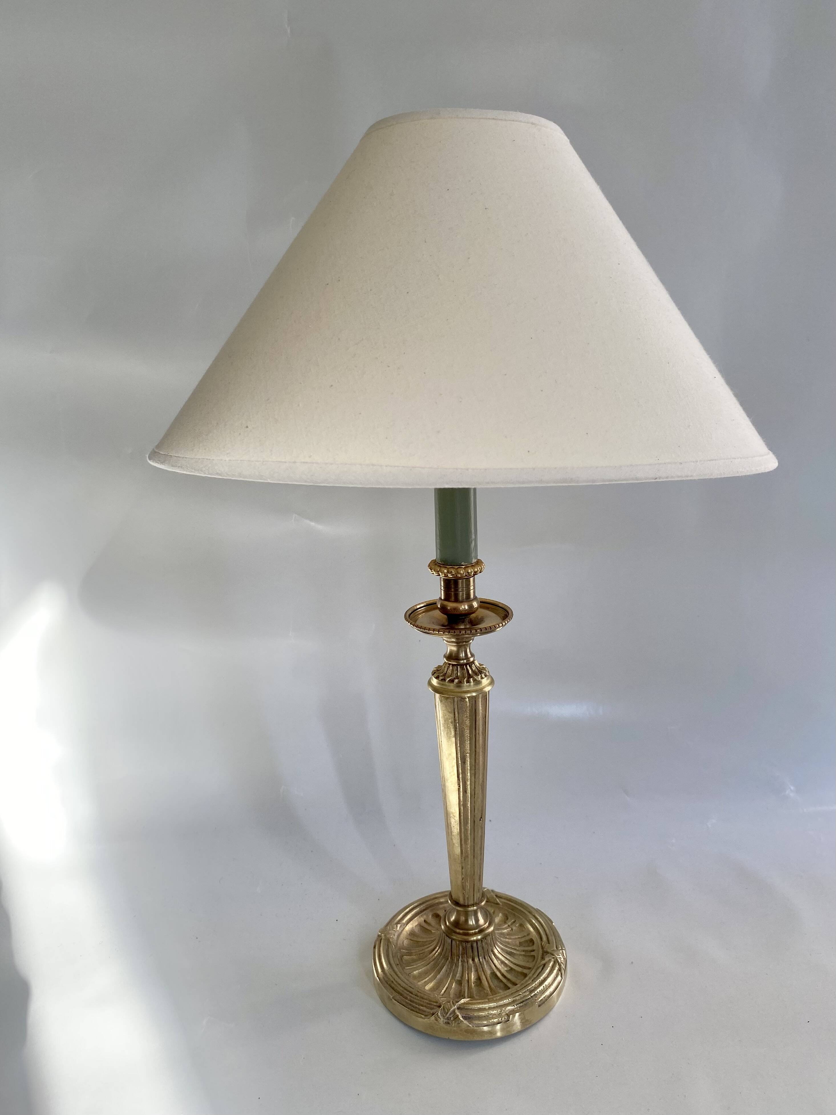 Lampe laiton, câble tissu 2M , abat-jour coton