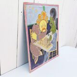 Gouache drawing of cubism chess players signed vintage