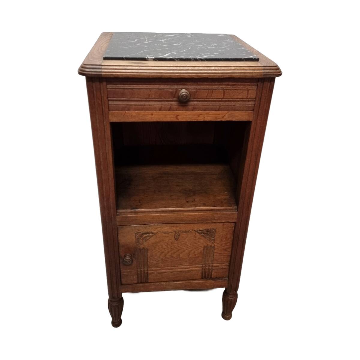 Table de chevet Art Déco en chêne avec plateau en marbre