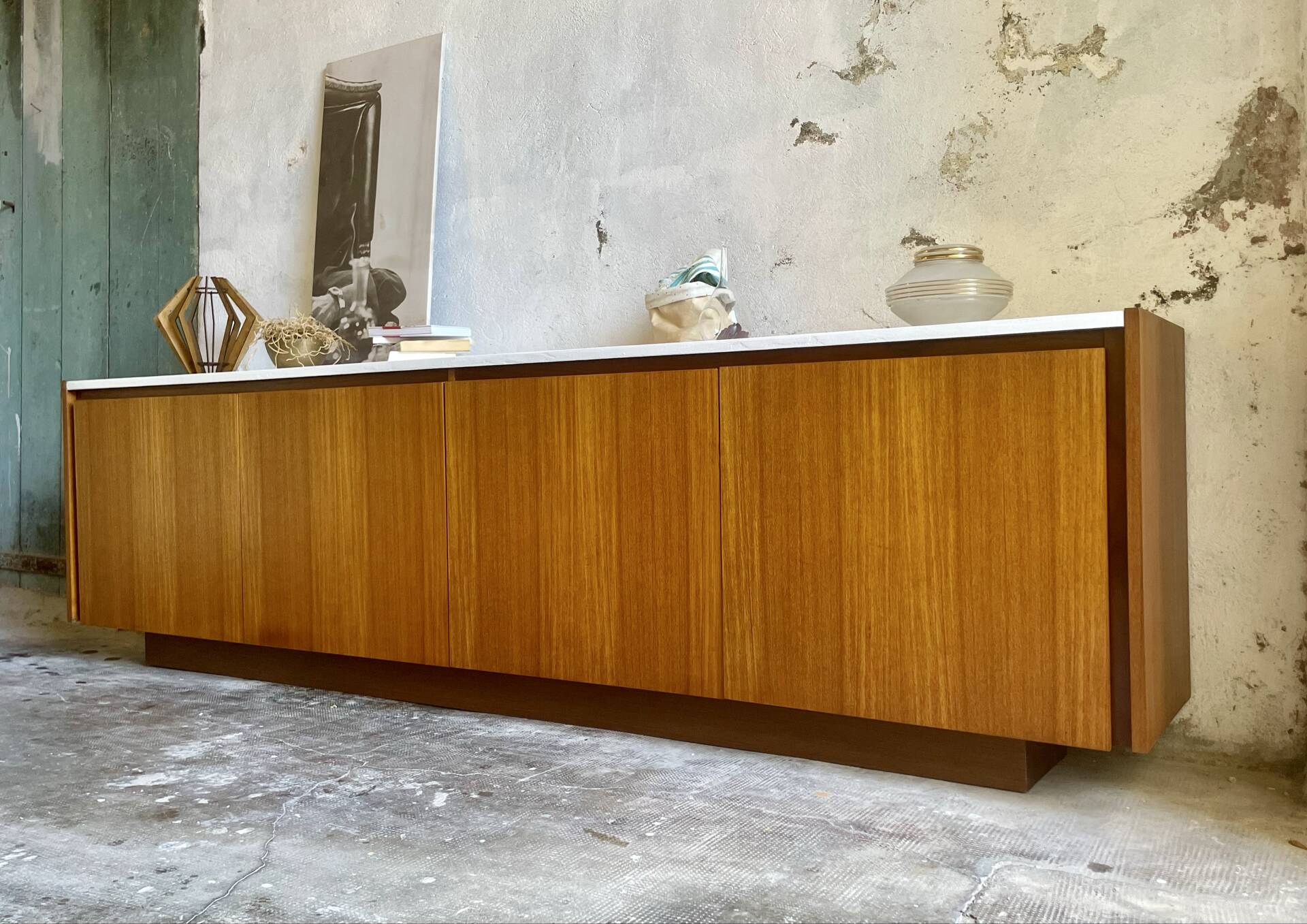 Large vintage sideboard 248 cm – wood & white mineral concrete top –