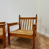 Pair of wooden and straw armchairs