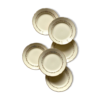 Set of 6 cream and gold flat plates old earthenware Villeroy and Boch vintage tableware