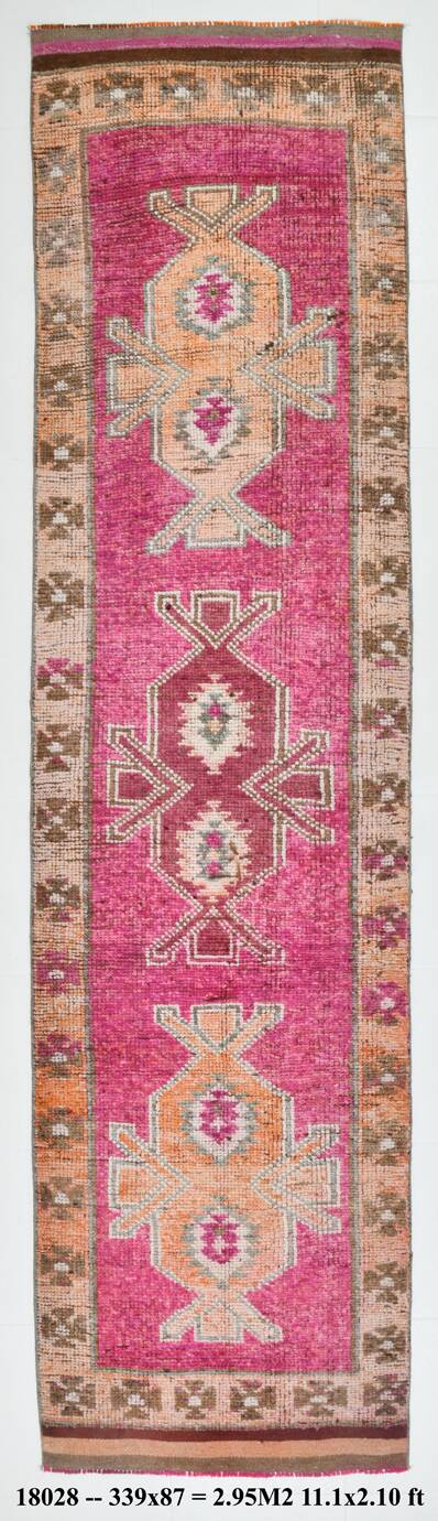 3x11 Vintage Pink & Brown Turkish Runner Rug, 87x339Cm