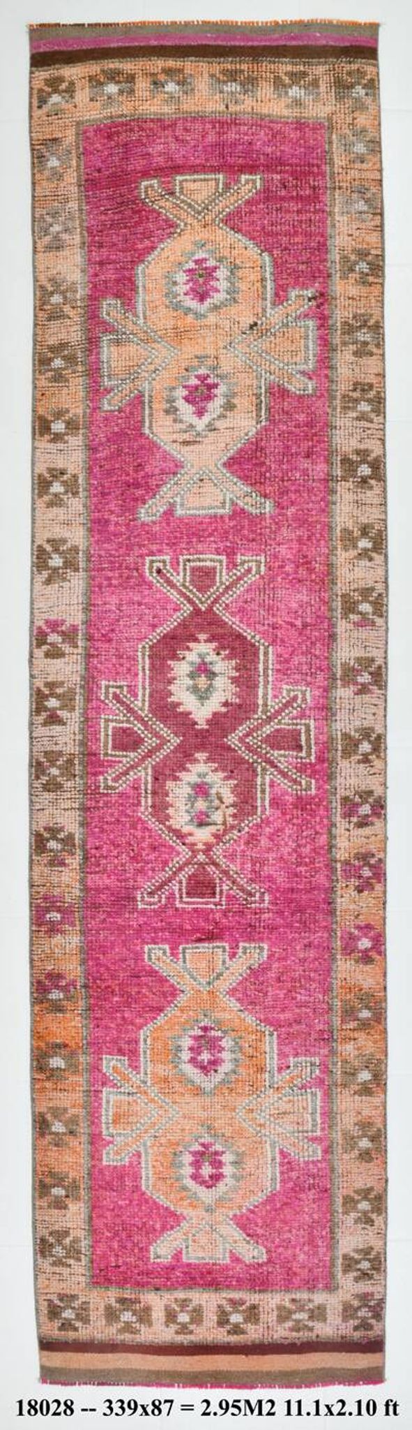3x11 Vintage Pink & Brown Turkish Runner Rug, 87x339Cm