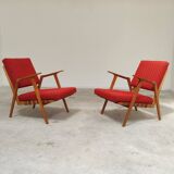 Pair of armchairs in mottled red and wood by Uluv, former Czechoslovakia 1960