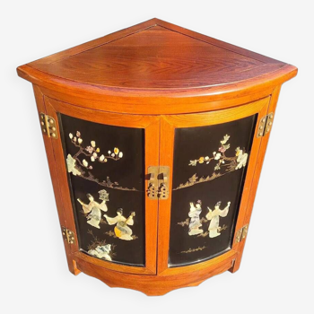 Corner cabinet elm wood black lacquer musician playing music gold painting gold lacquer inlay