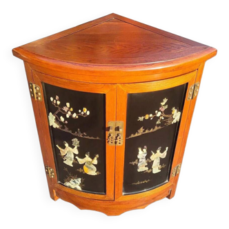 Corner cabinet elm wood black lacquer musician playing music gold painting gold lacquer inlay