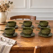 Vintage Tams England service – 6 soup bowls with handles and saucers in olive green ceramic.