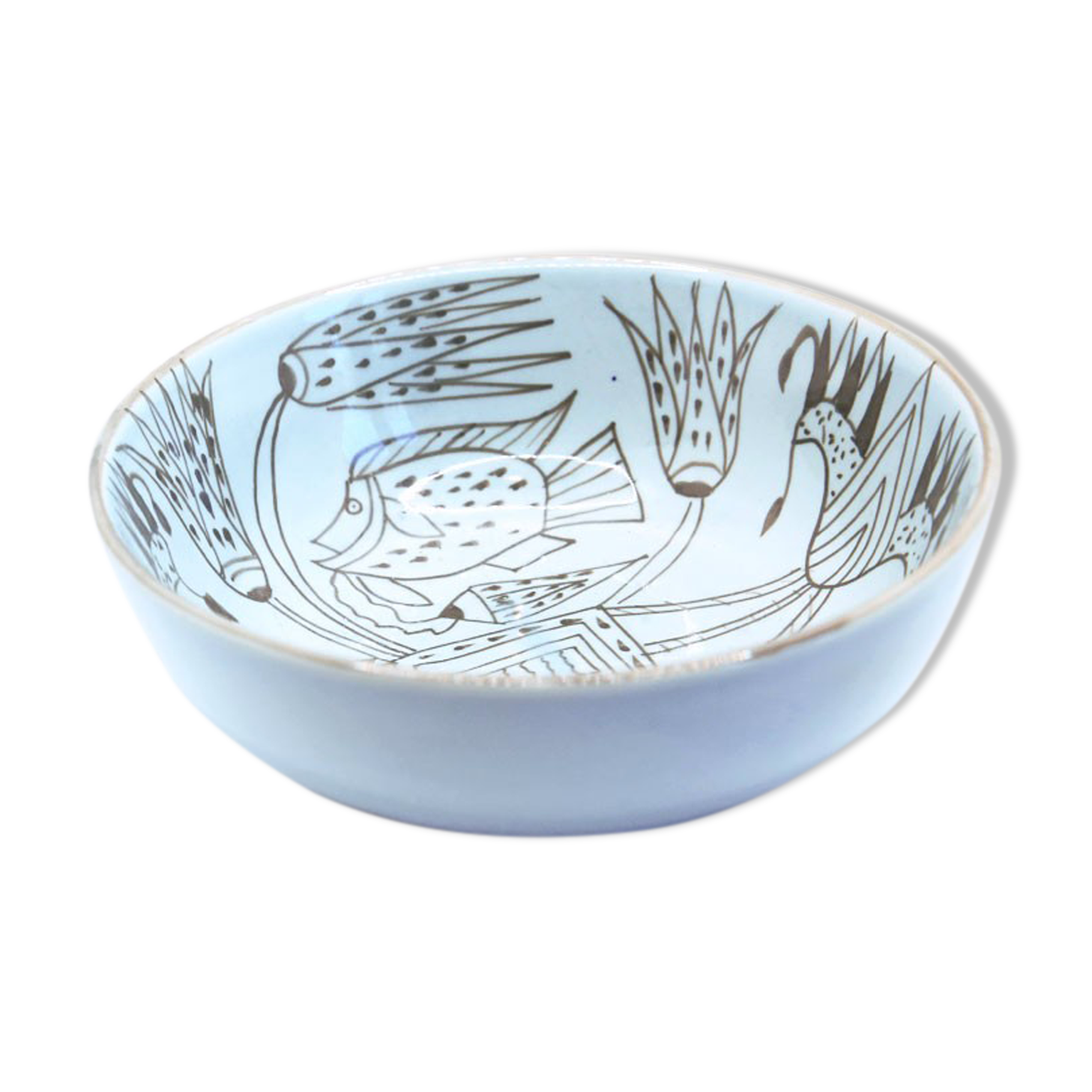 Bowl XXL salad bowl in sky blue earthenware with fish
