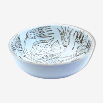 Bowl XXL salad bowl in sky blue earthenware with fish