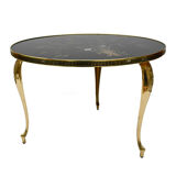 Round coffee table black glass floral brass structure D 60 cm vintage - Brocante Chic