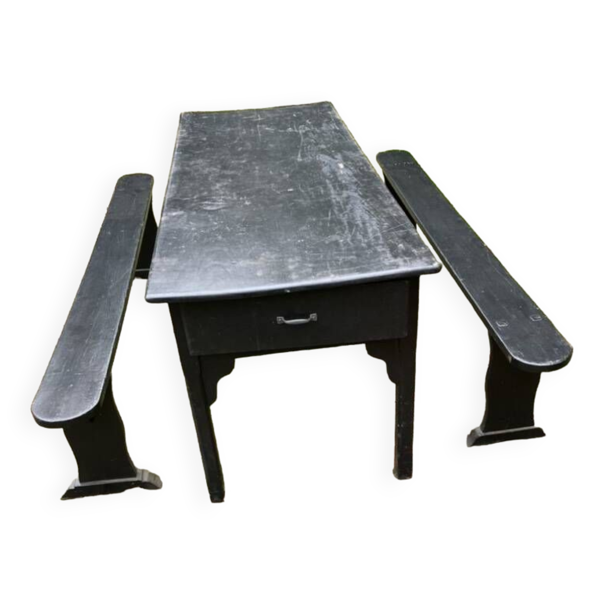 Old painted farmhouse table and 2 shabby chic benches