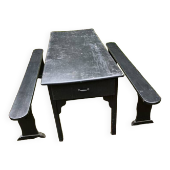 Old painted farmhouse table and 2 shabby chic benches