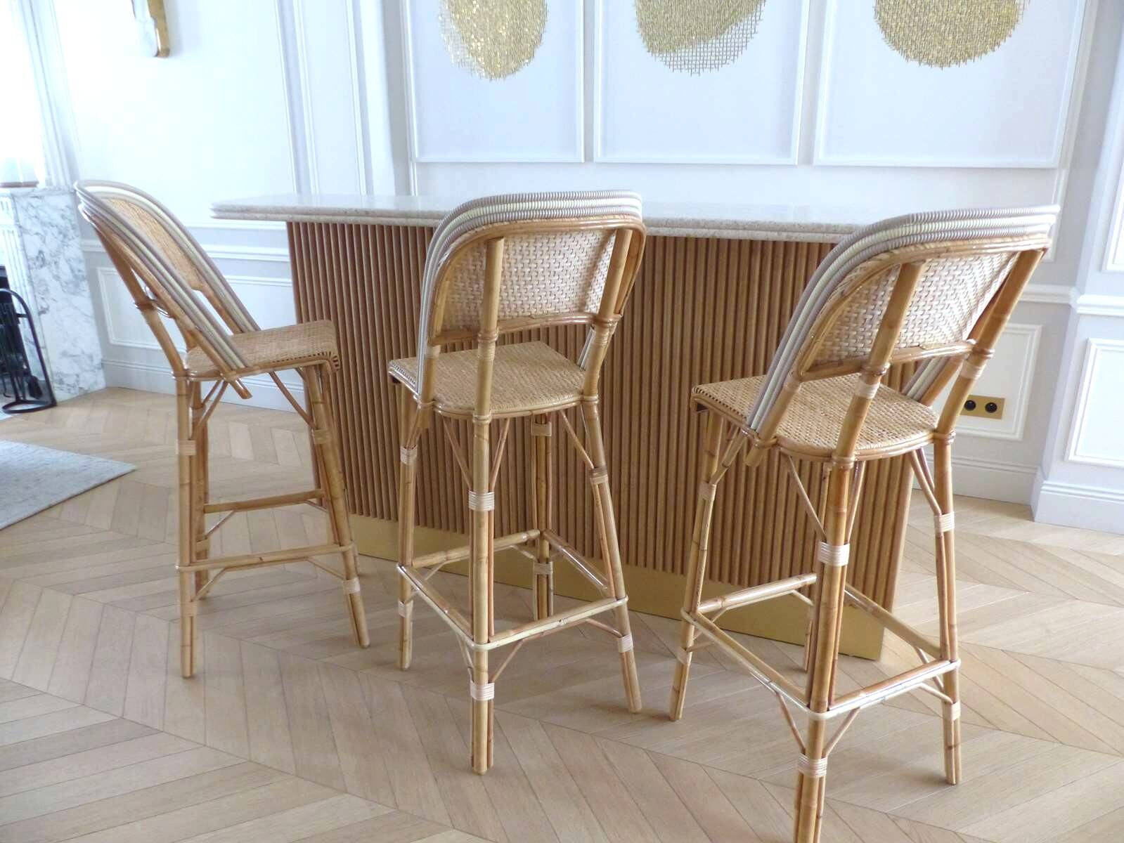 Lot of 3 Maison Louis Drucker light Manila rattan bistro high chairs.