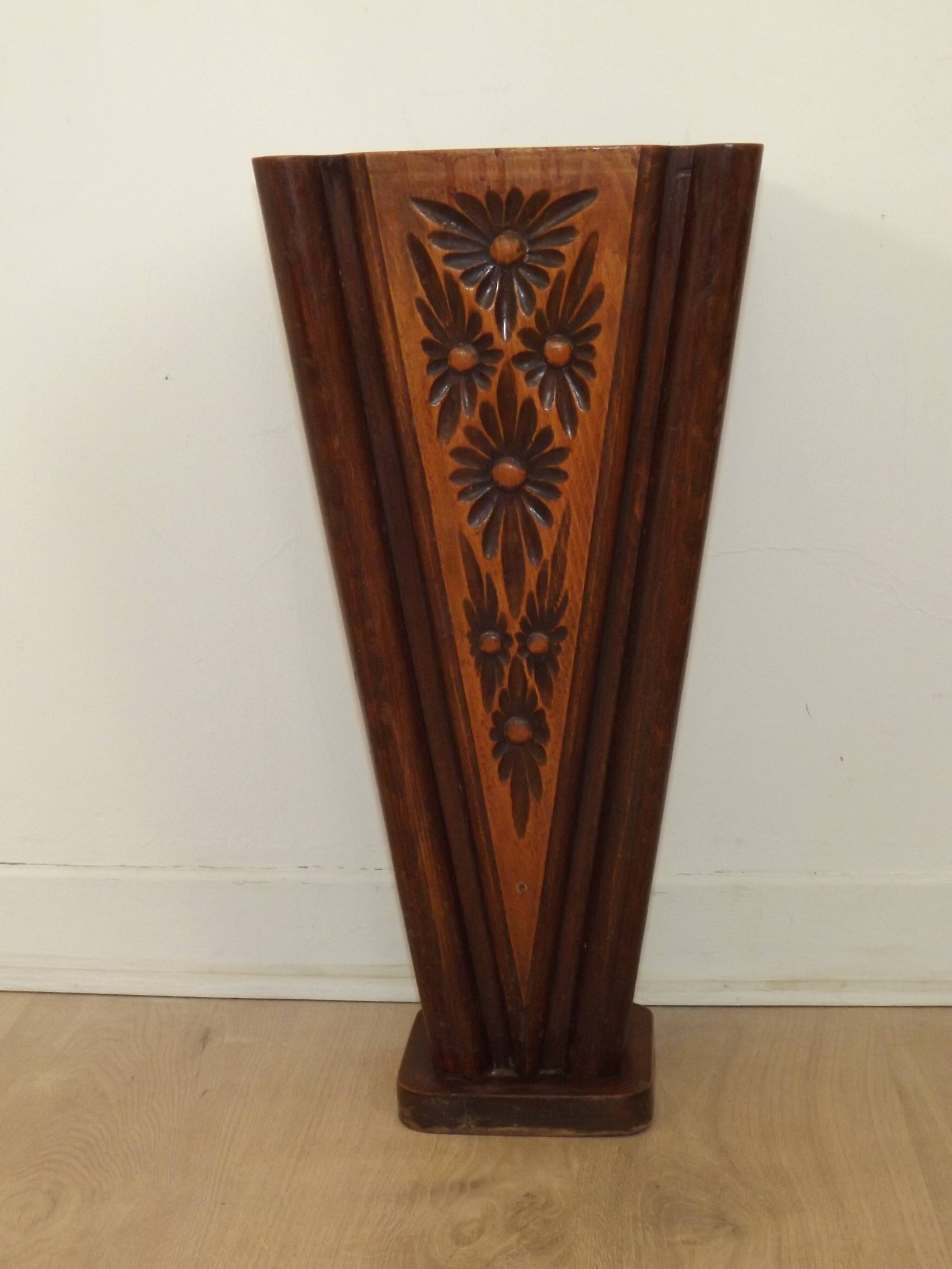 French antique oak tin-lined hand-carved umbrella stand with flower decoration.