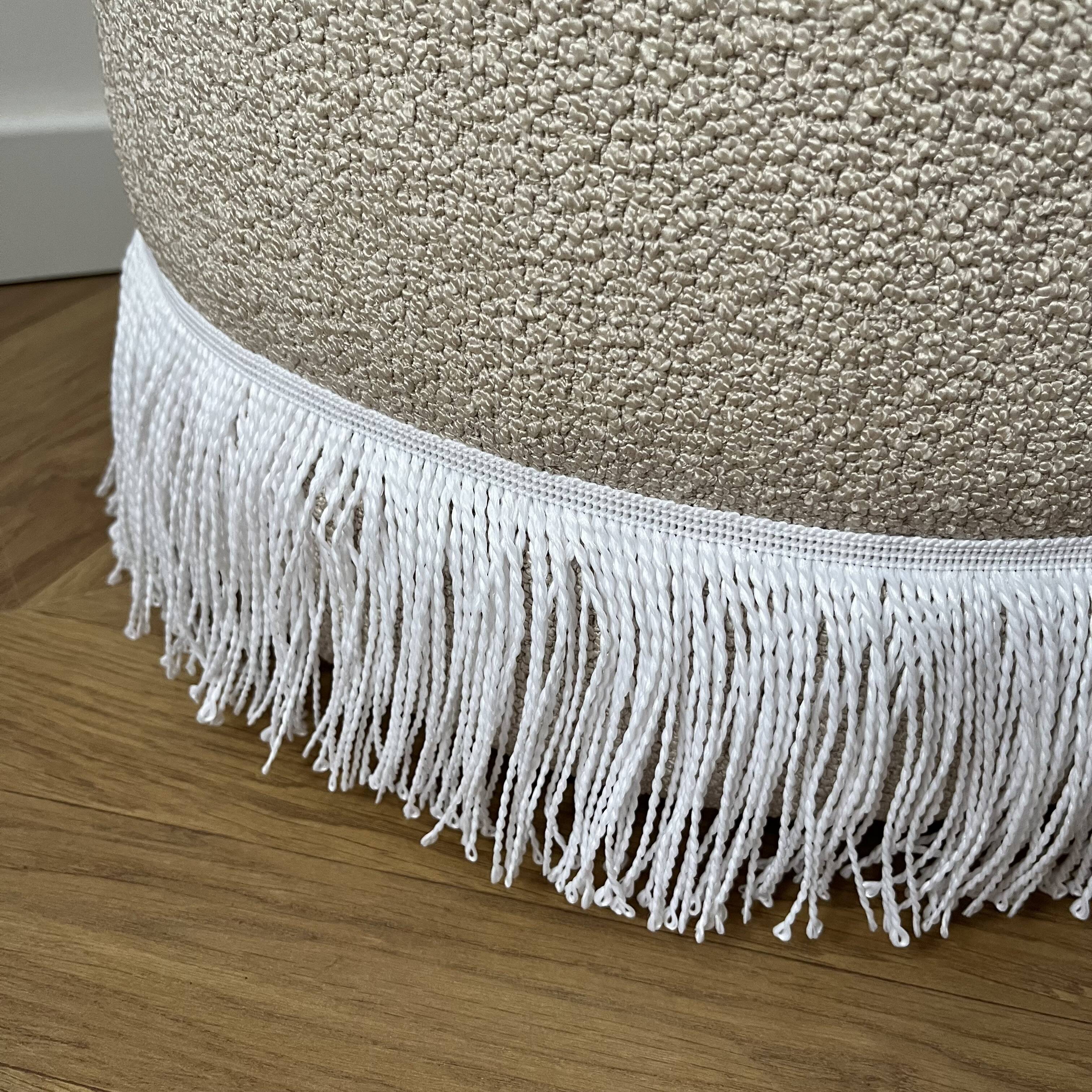 Round Ottoman with Fringe Bottom, Cream Boucle Upholstered Pouf