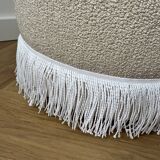 Round Ottoman with Fringe Bottom, Cream Boucle Upholstered Pouf