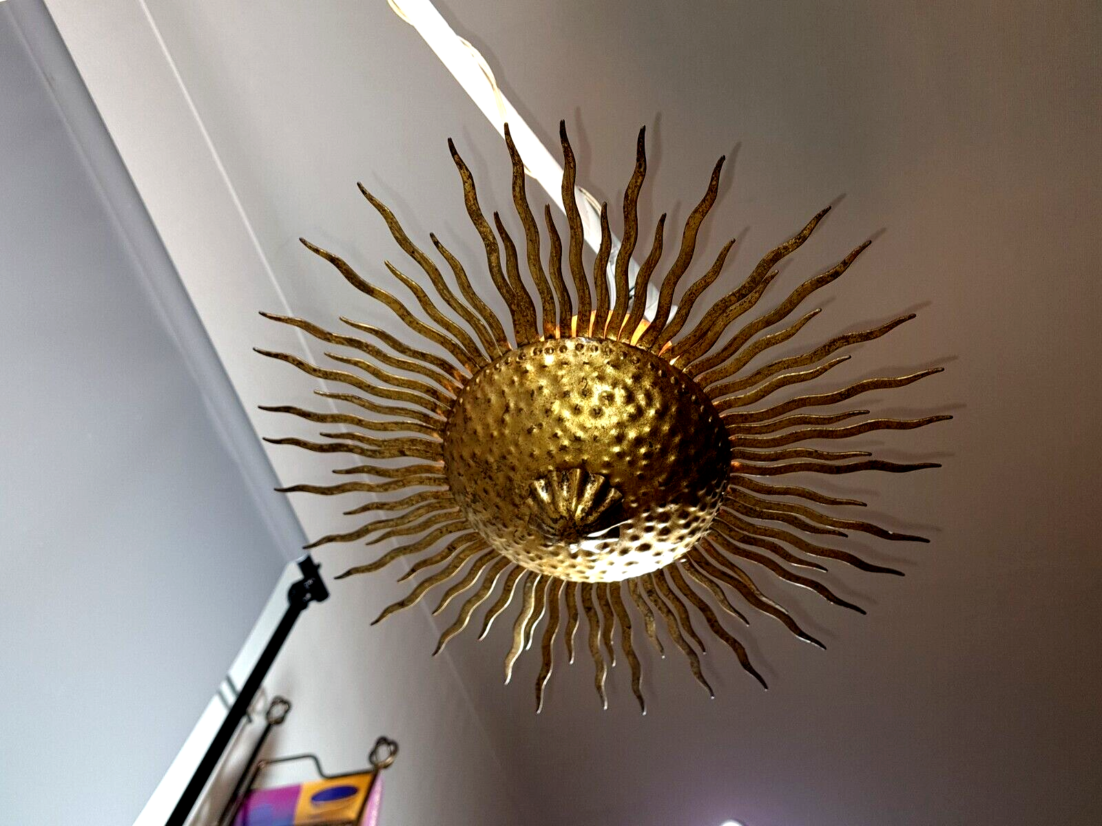 Pendant lamp forming sun golden metal with gold leaf Vintage 50s SB