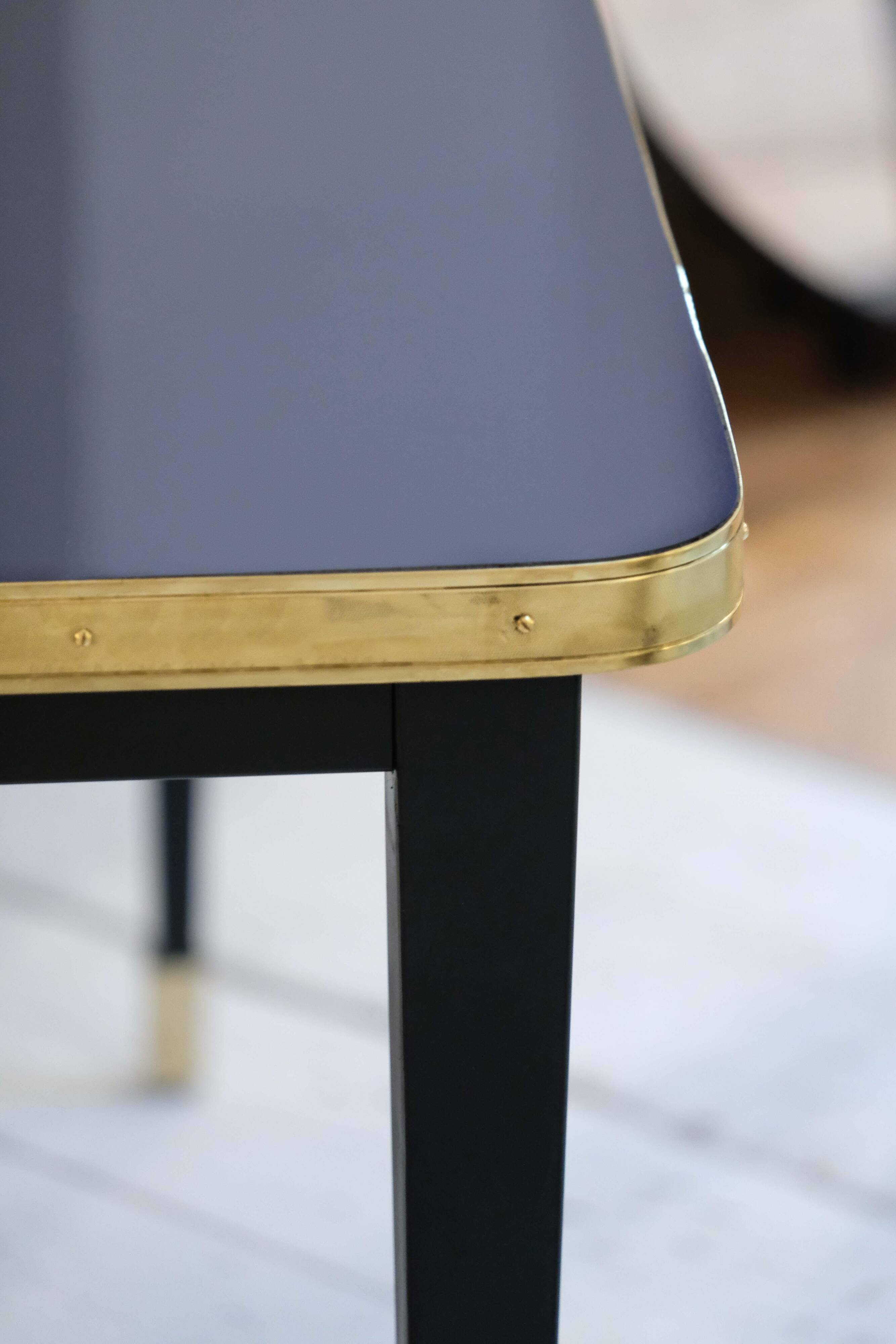Dining Table, High Gloss Laminate, Brass, Tapered Legs, Navy Blue - XL