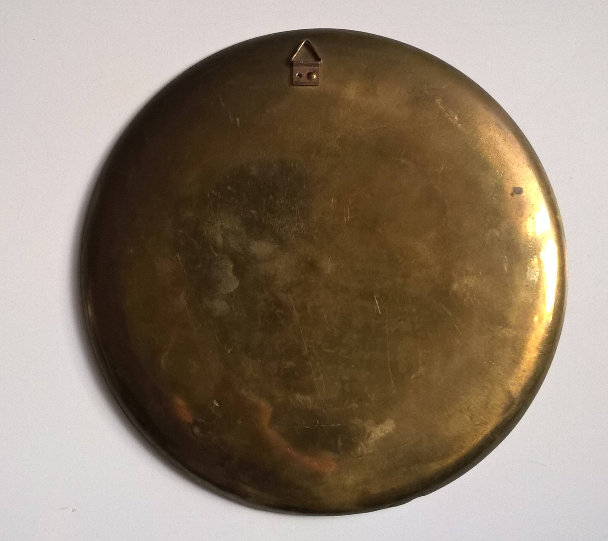 Old decorative brass and enamel wall plate signed GH