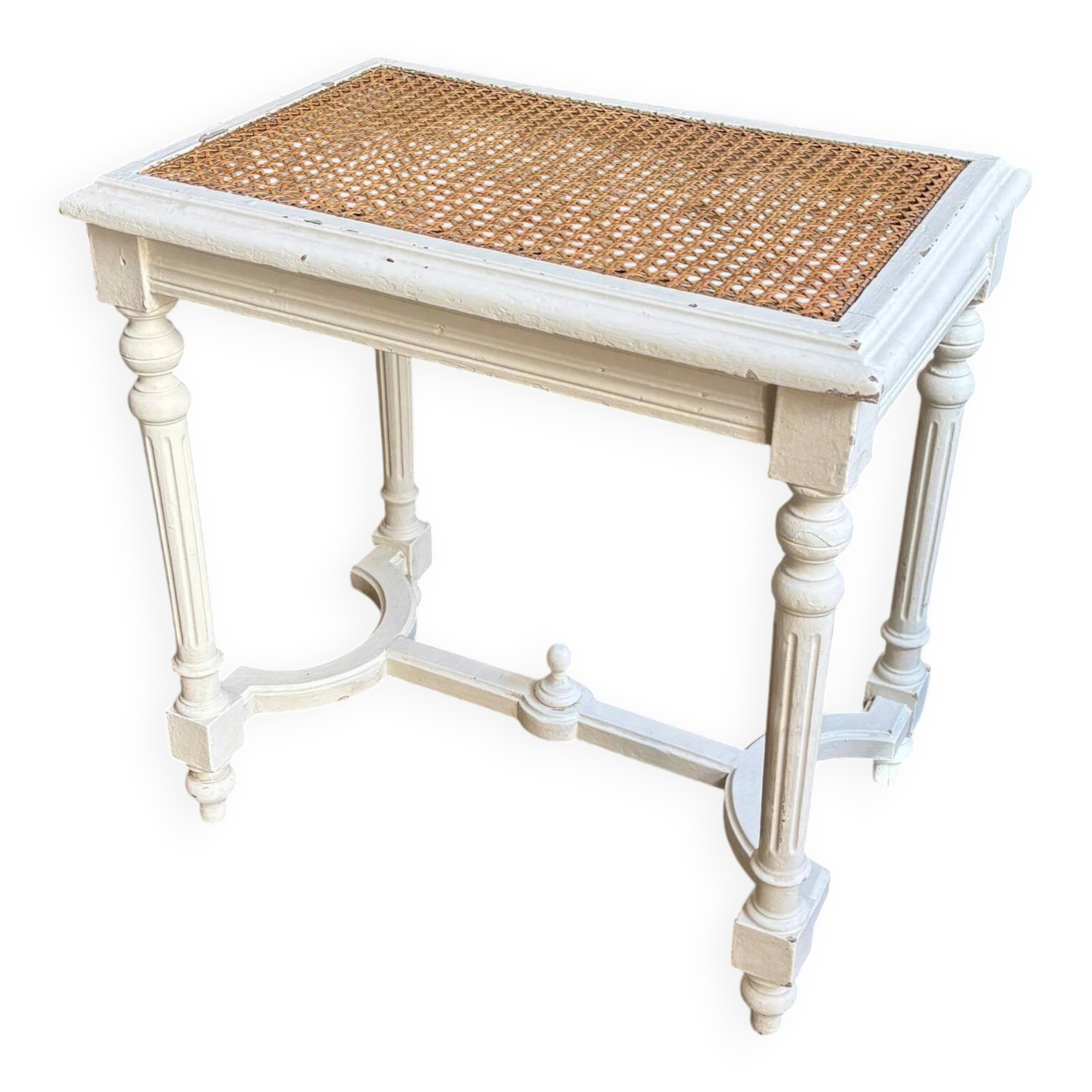 Stool, small wooden piano bench in white with caning.