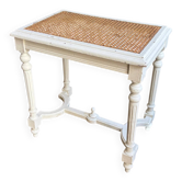 Stool, small wooden piano bench in white with caning.