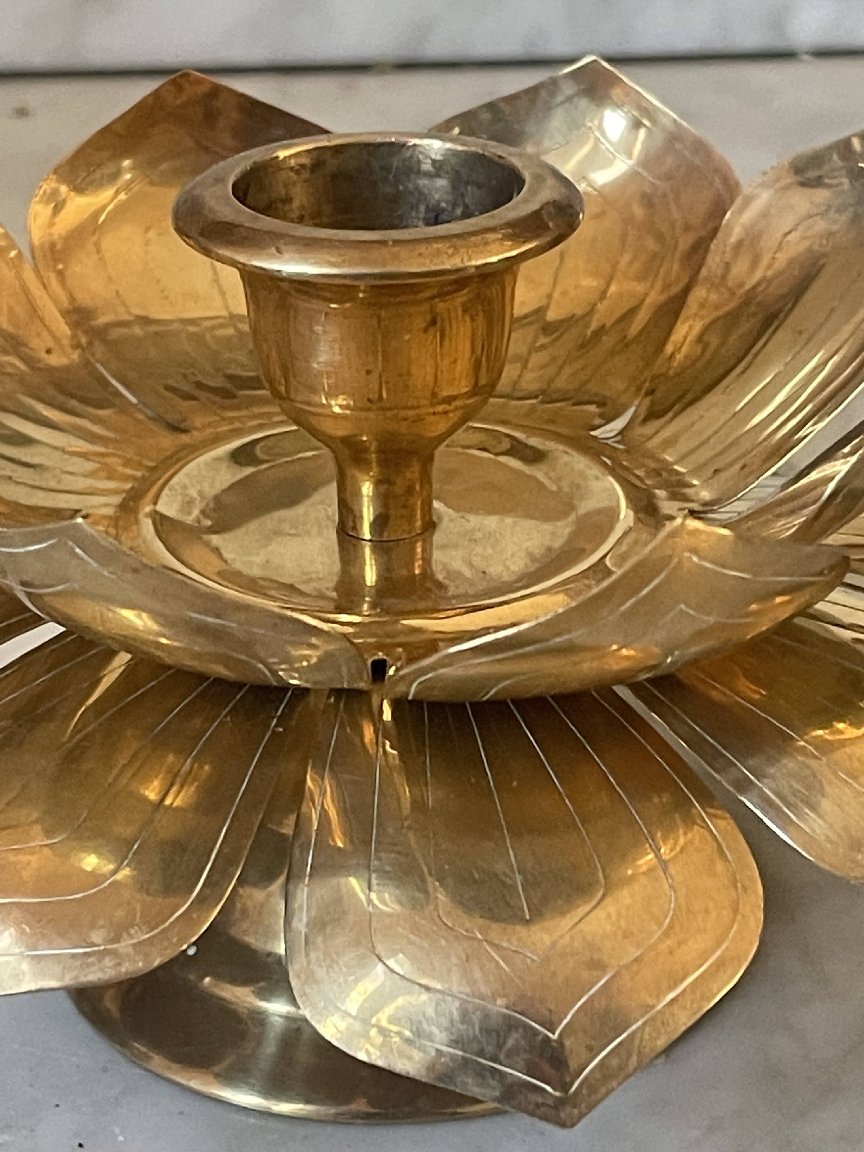 Lotus brass candlestick pair