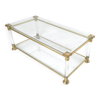 Table basse rectangulaire postmoderne en verre avec cadre en laiton et plexiglas, Italie
