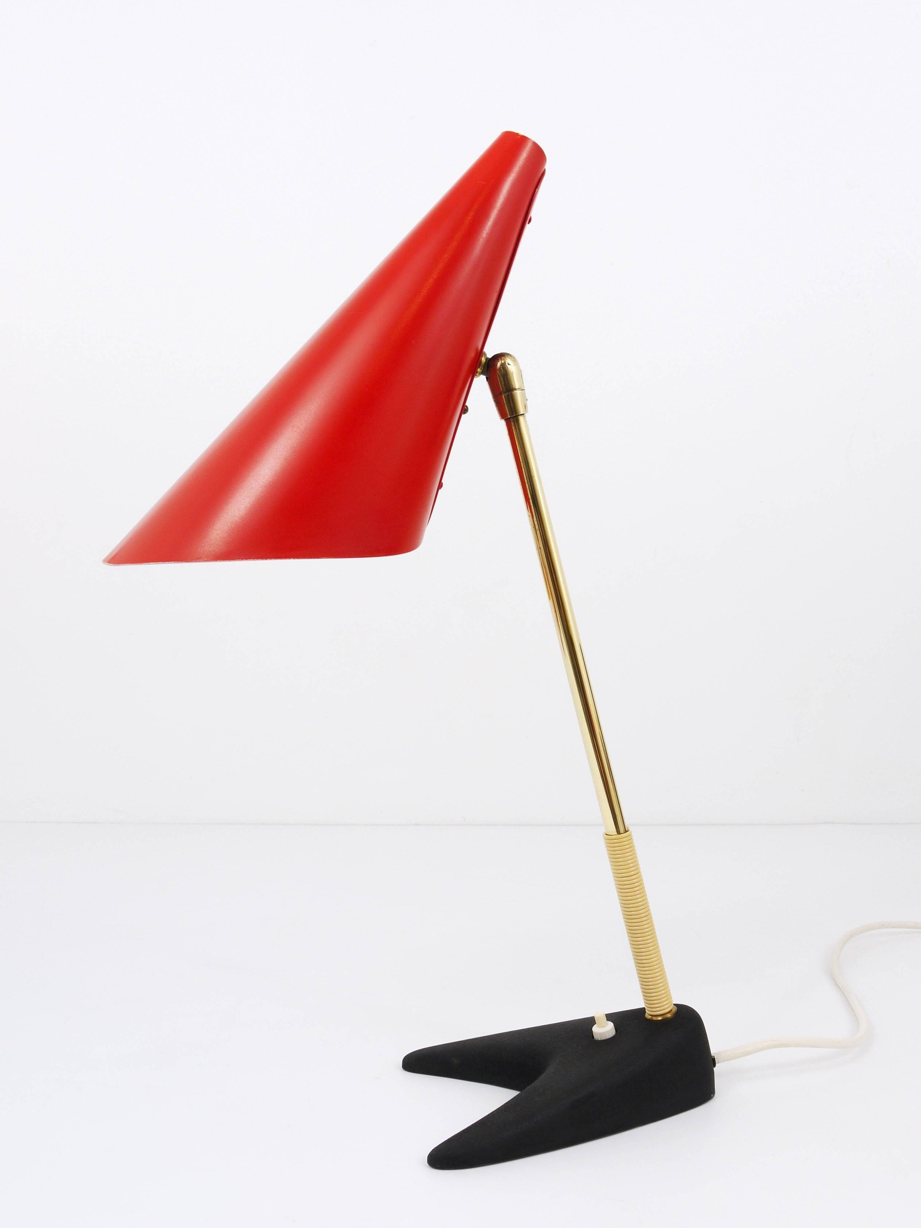 Red brass table lamp in the style of J.T. Kalmar, mid-century, Vienna, Austria, 1950s.