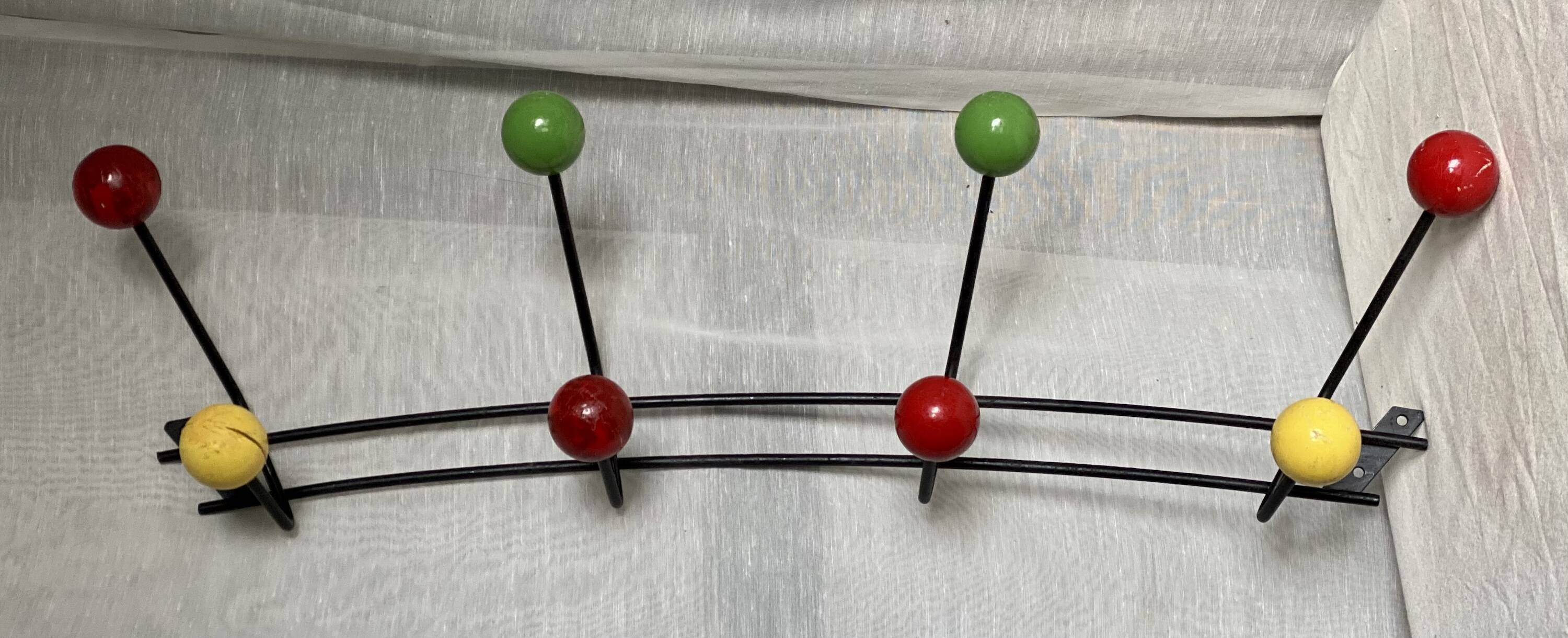 Wall-mounted coat rack ball and black metal vintage 1950s style Roger Féraud