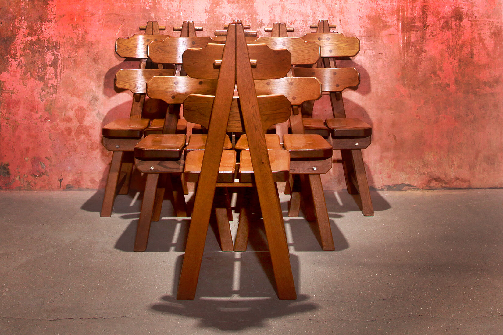 Vintage mid century brutalist solid oak dining chairs, 70