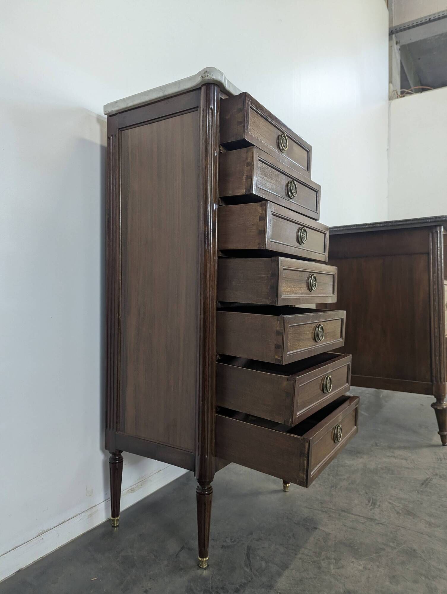 Louis XVI style chest of drawers in mahogany and Carrara marble