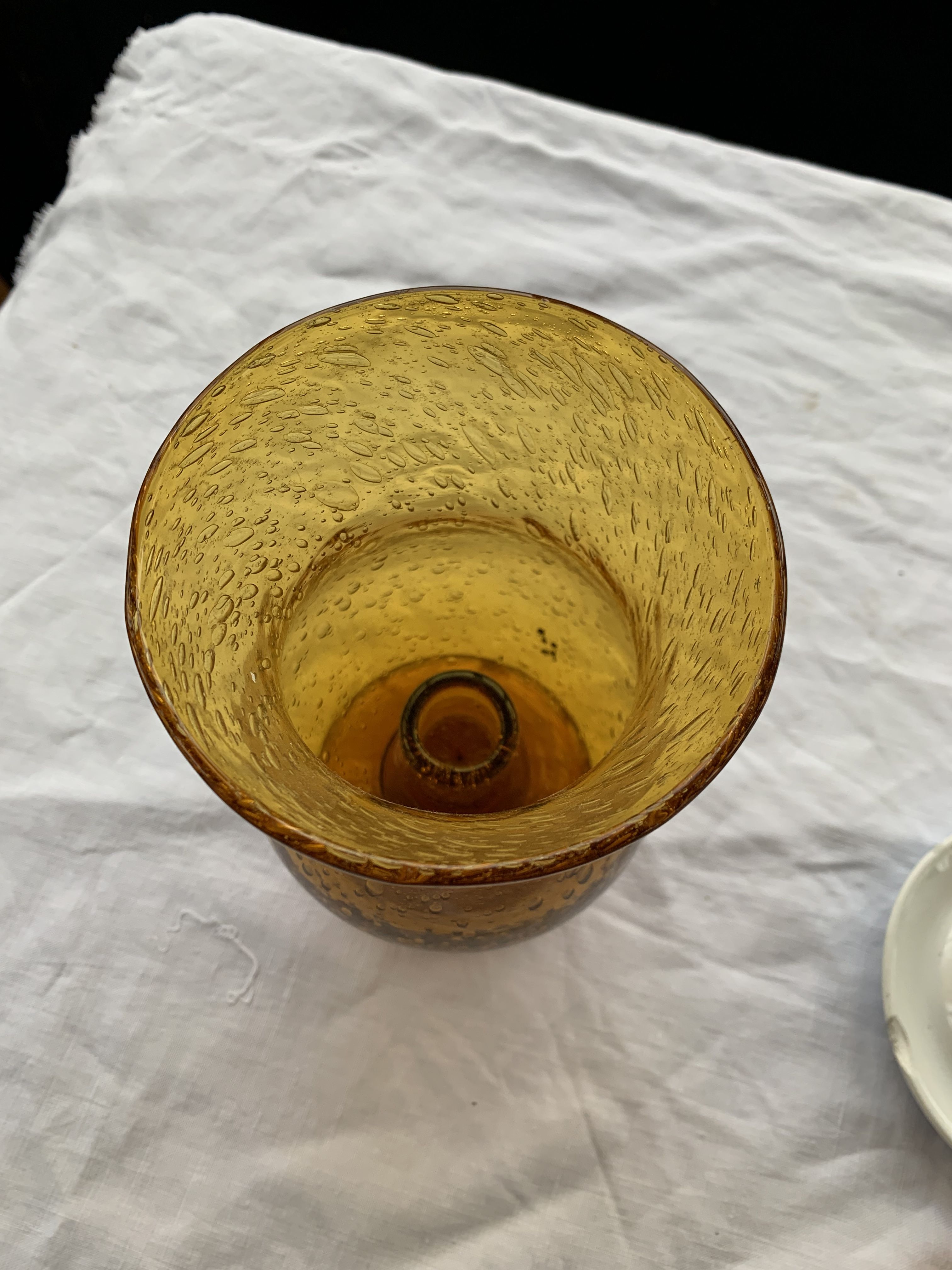 Photophore in bubble glass and hand-blown golden yellow signed vintage biot