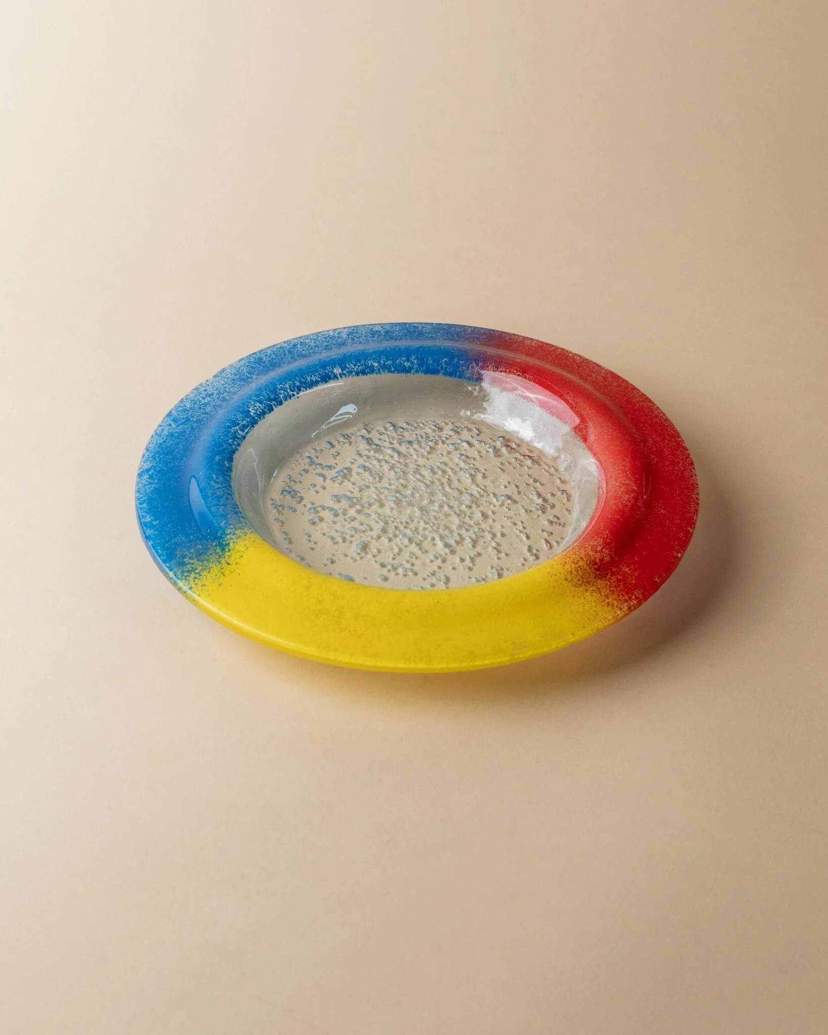Vintage Murano glass bowl - blue, red, and yellow glass with bubbles - Italy 1980s - Pop Art design
