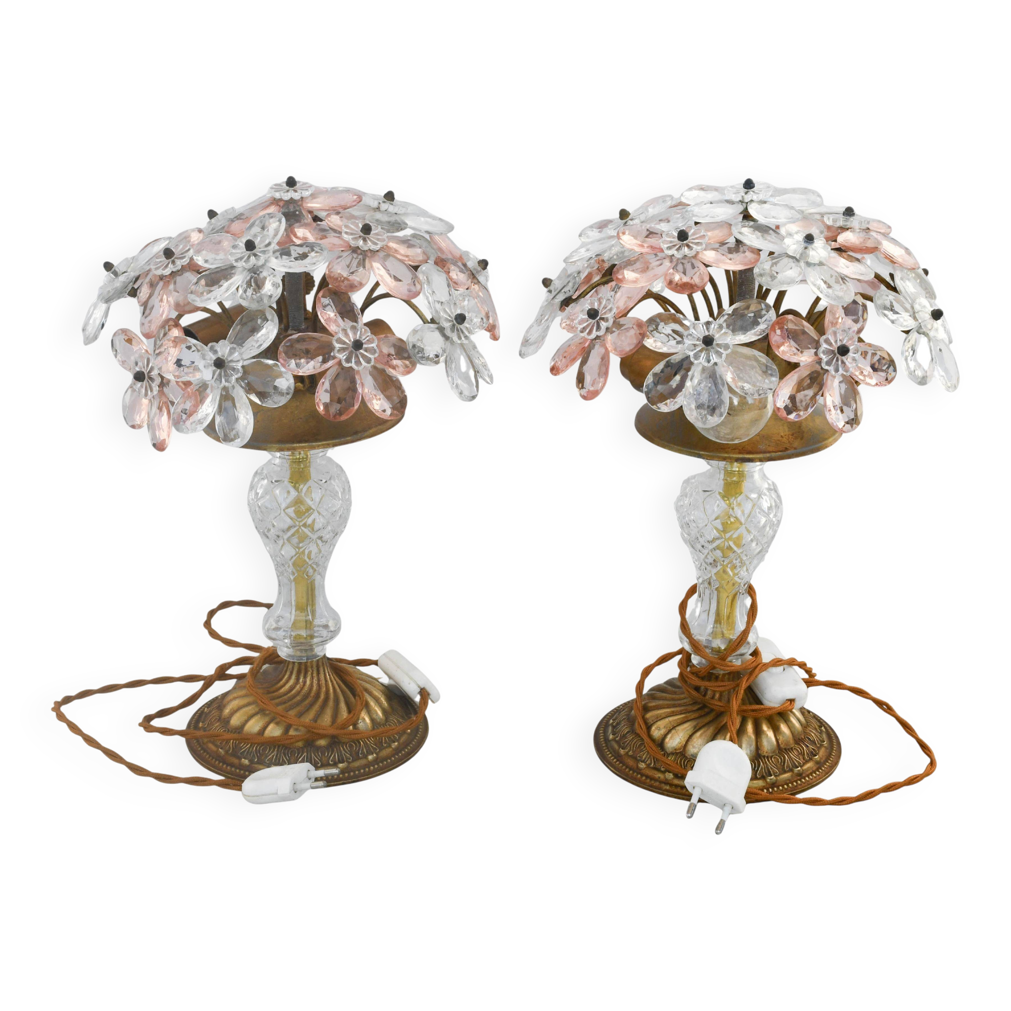 Set of 2 large table lamps with crystal glass flowers, pink and transparent, brass base, 1960
