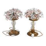 Set of 2 large table lamps with crystal glass flowers, pink and transparent, brass base, 1960