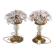 Set of 2 large table lamps with crystal glass flowers, pink and transparent, brass base, 1960