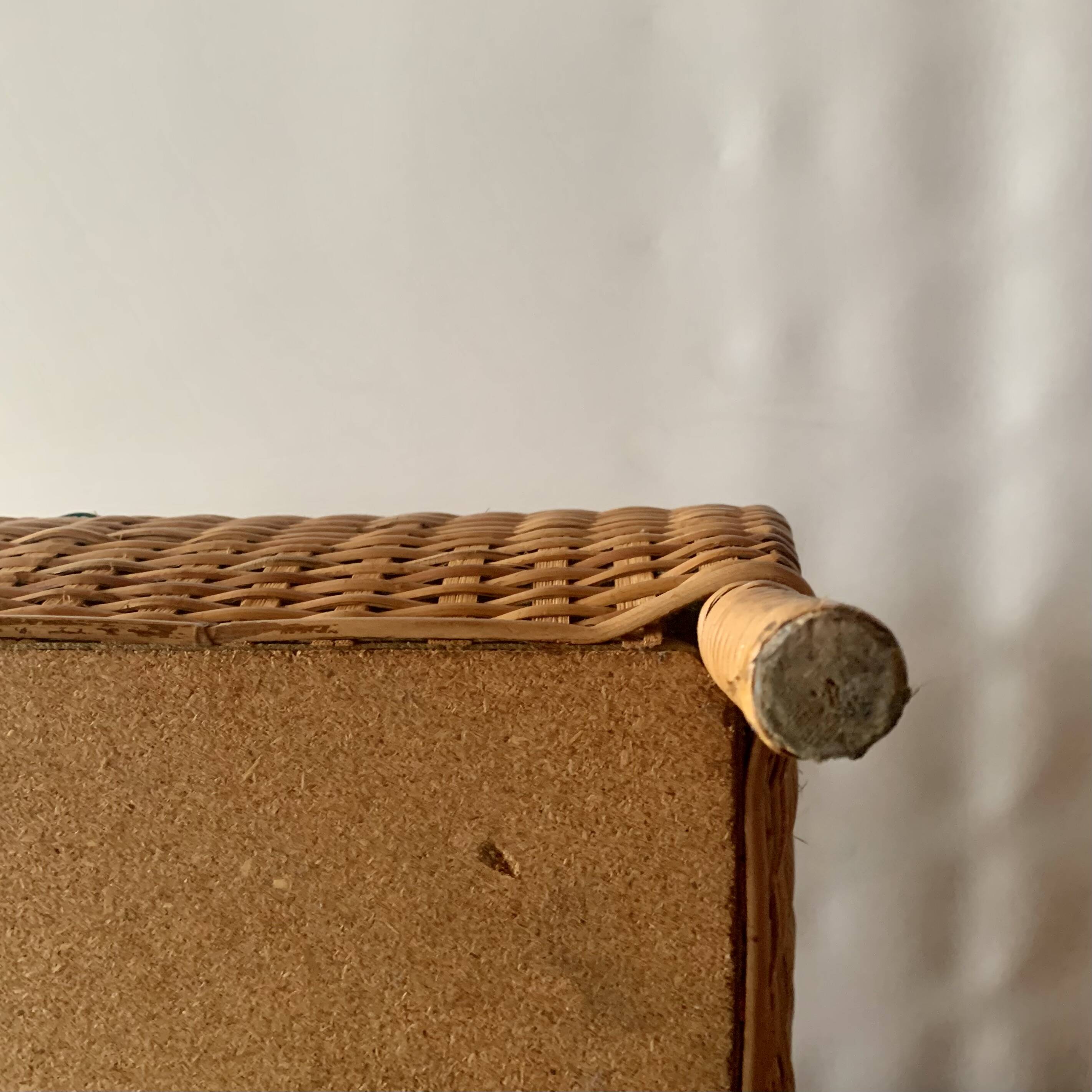 Large vintage rattan and wicker sewing basket with floral decor seat