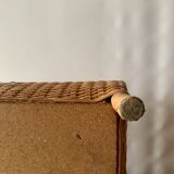 Large vintage rattan and wicker sewing basket with floral decor seat