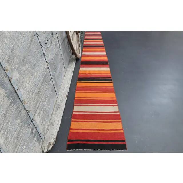 1970s Vintage Turkish Oushak Handmade Wool Cotton Orange Runner Rug 57x445
