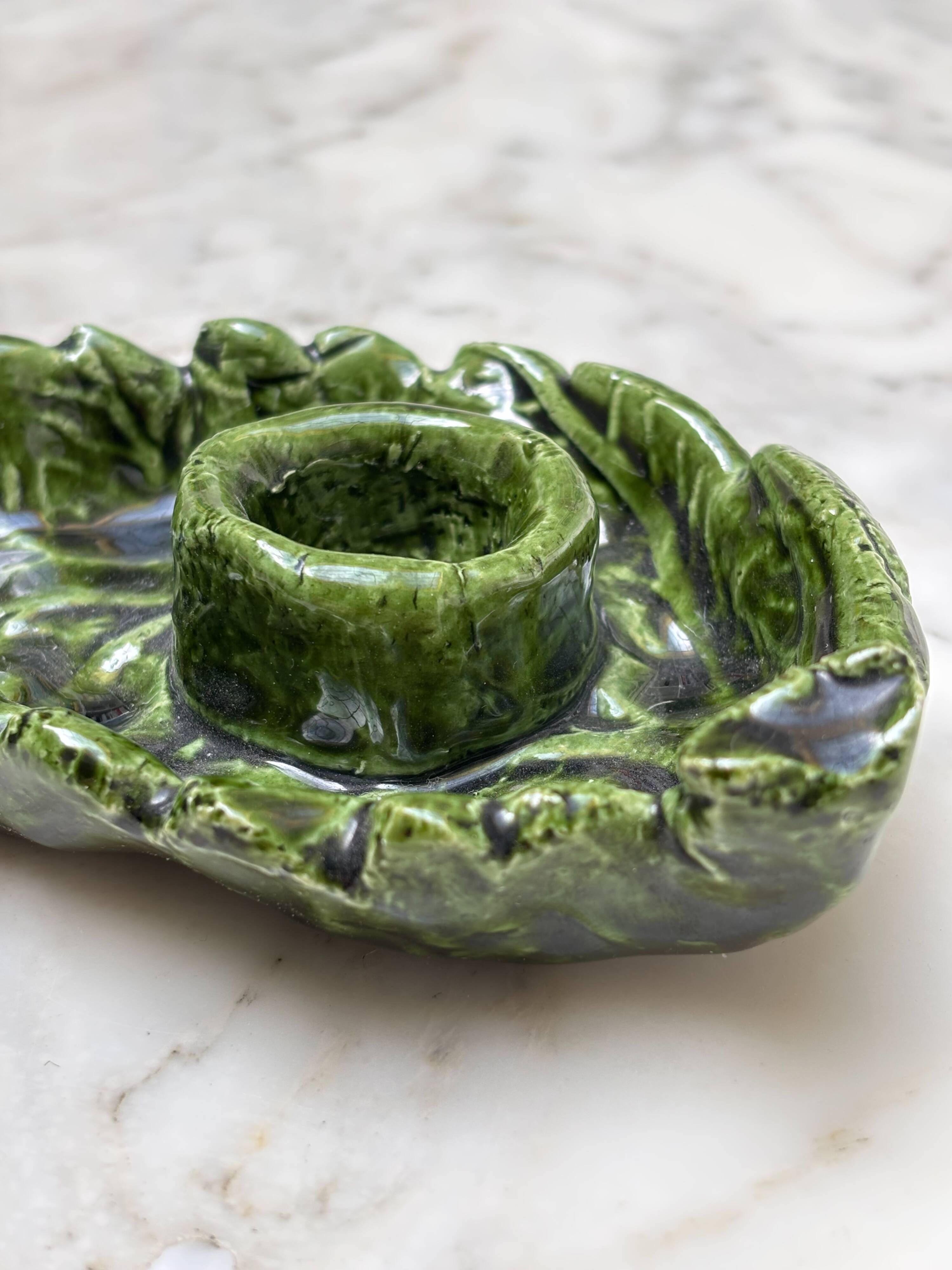 Small candle holder in green slip ceramic
