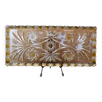 Walther Glas Bohemian crystal rectangular dish with yellow and flower pattern