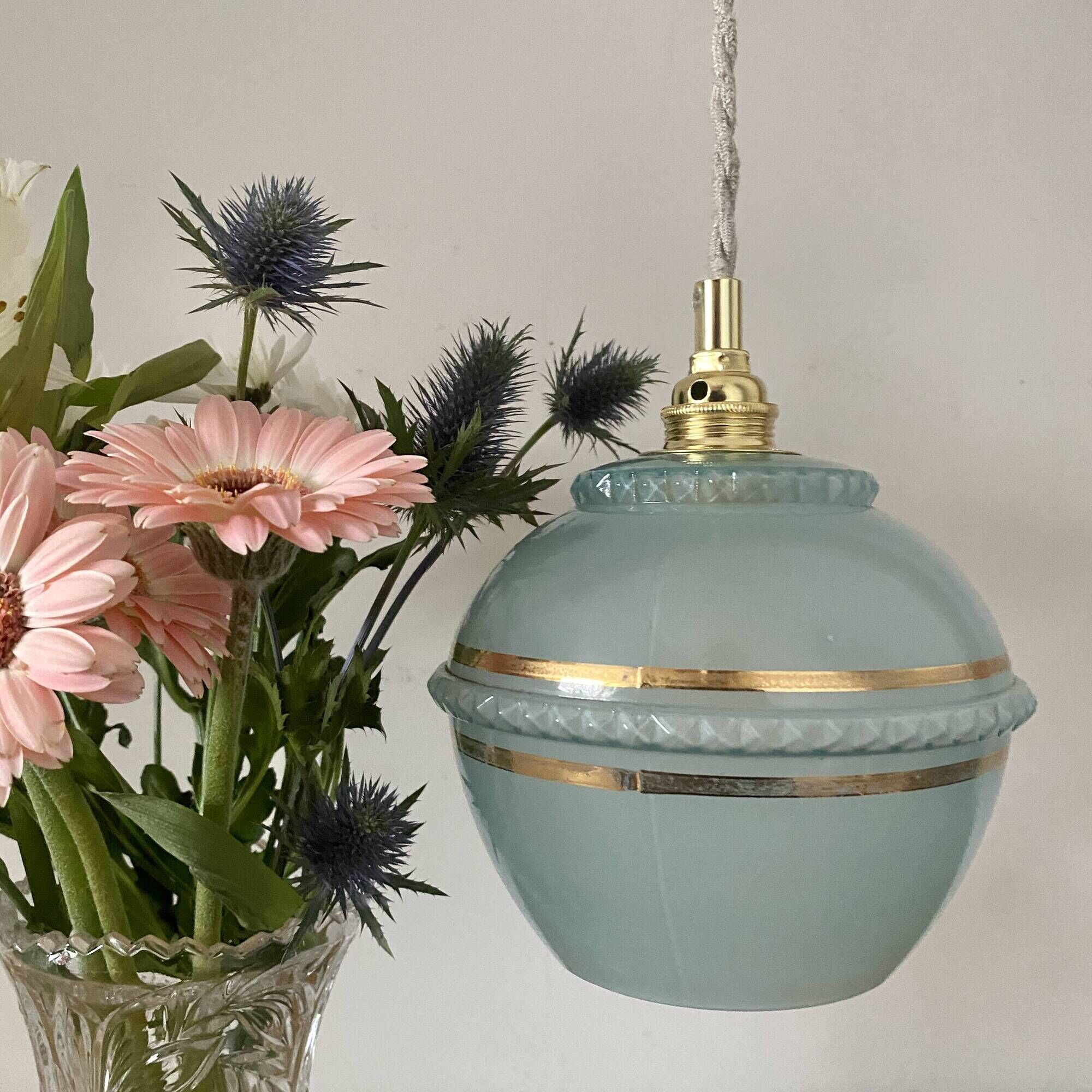 Vintage art deco tulip pendant light in blue and gold glass
