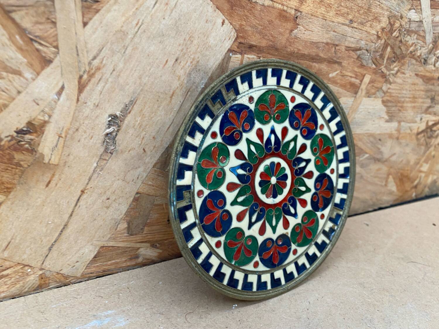 Antique brass plate enameled decor mandala vintage #b161