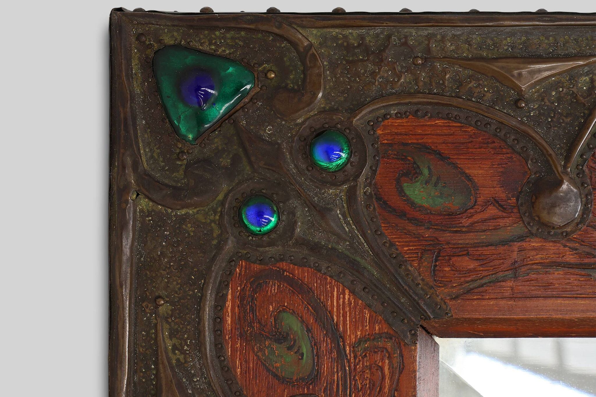 Art Nouveau mirror with hand painted peacock decoration, France ca. 1915
