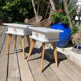 Pair of vintage bedside tables with high compass legs and top design