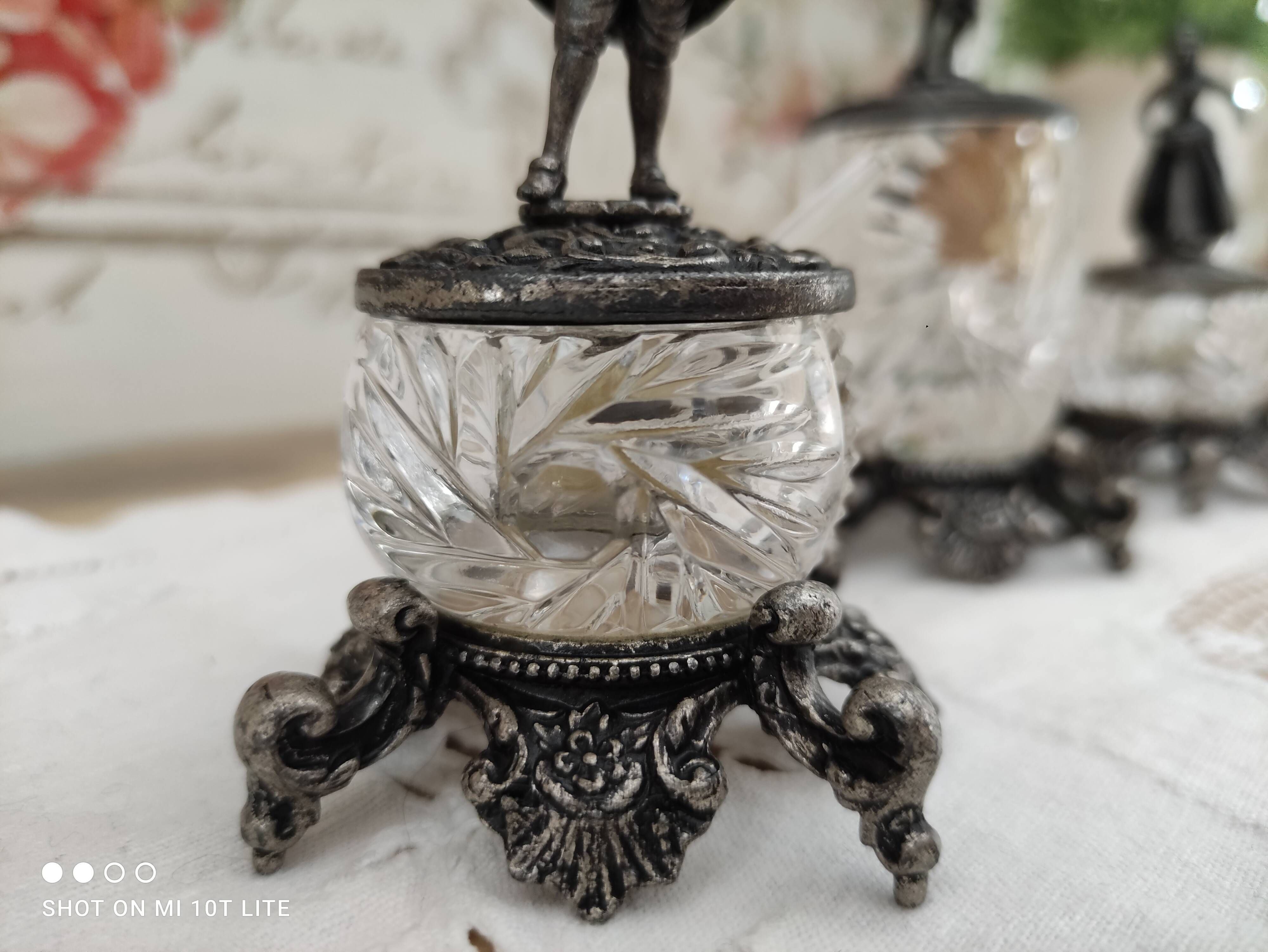 Trio of salters and mustard makers made of Bavarian crystal and bronze