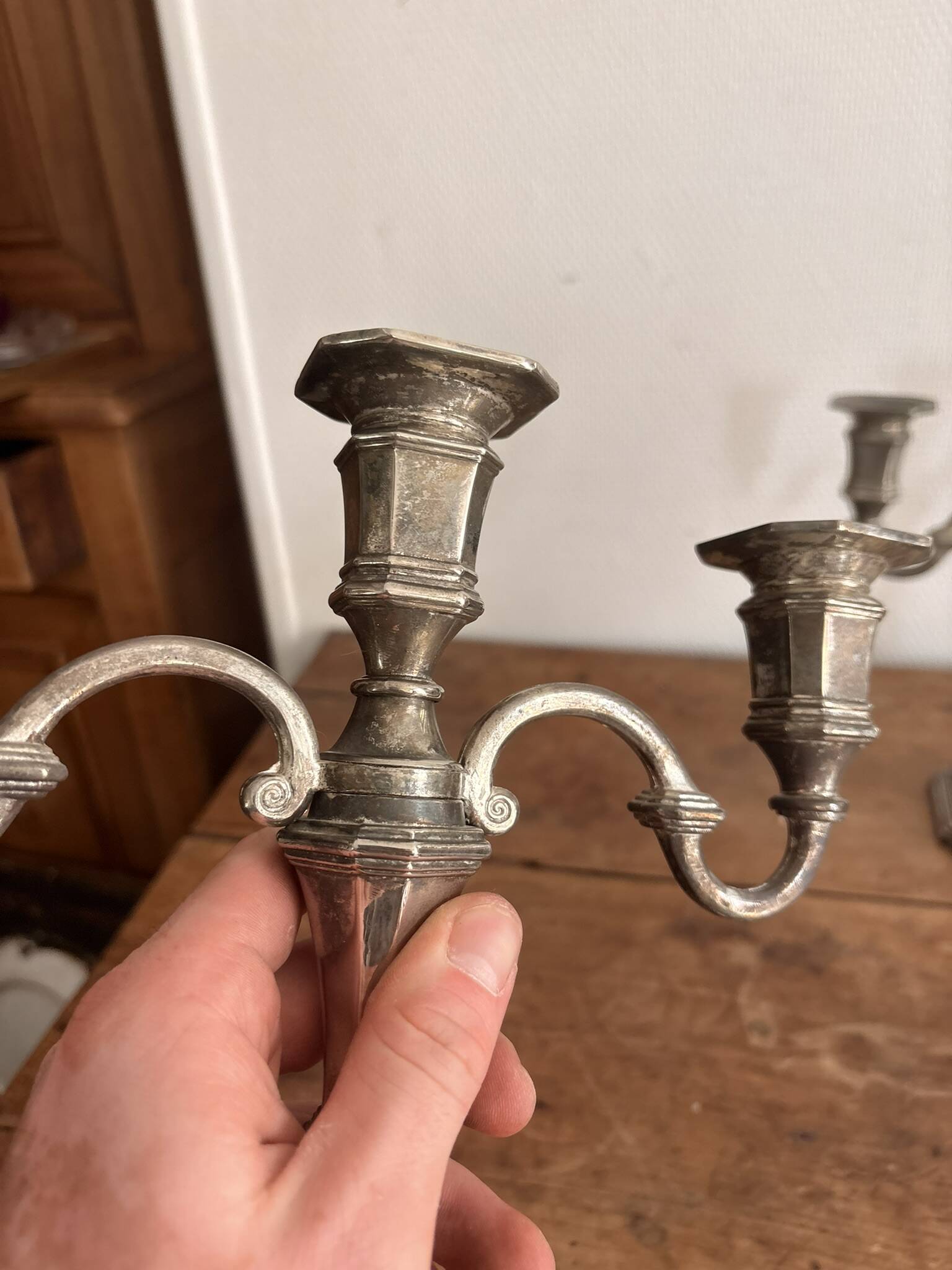 Antique Pair Art Deco Louis XV 3 Arm Silver-Plated Candelabra